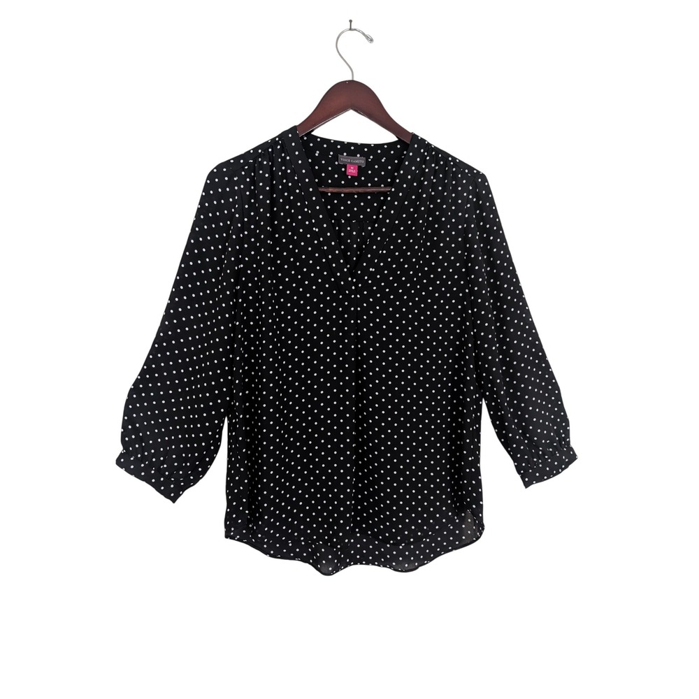 Vince Camuto Blouse Medium Polka Dot V-Neck Black White Hi-Low Hem 3/4 Sleeve